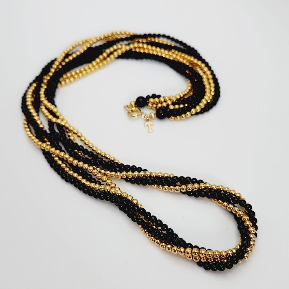 Vintage Trifari Black & Gold Twisted Petite Beaded 4-Strand Classic Necklace